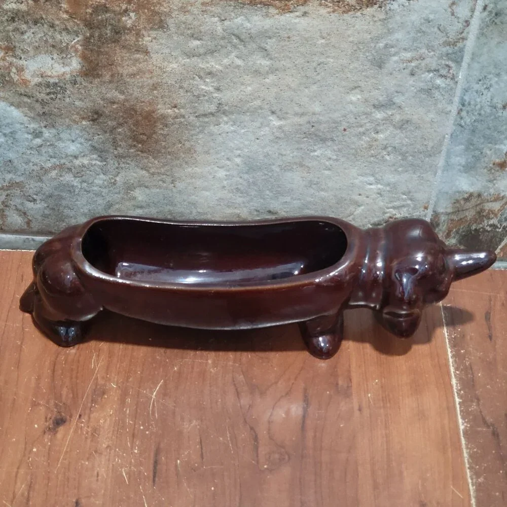 Vintage Dachshund Dog Ceramic Cracker Tray Planter Brown Glazed